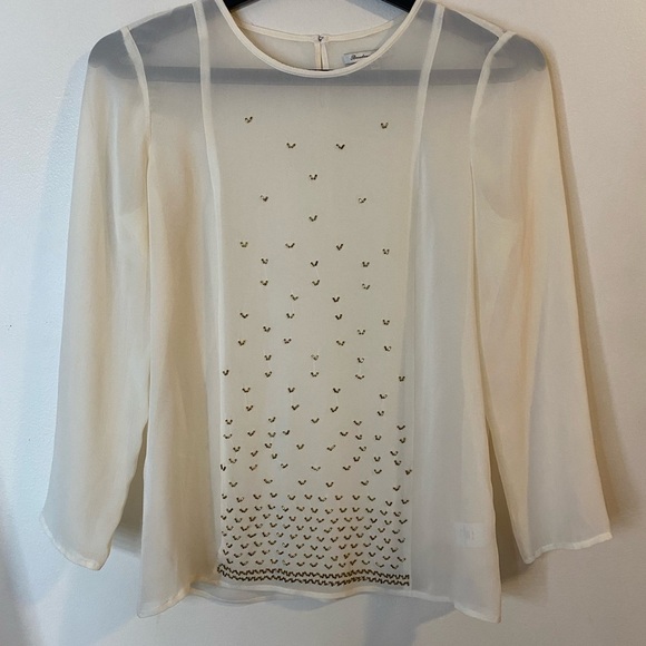 Broadway & Broome Women’s silk Sheer long sleeve Cream Golden beaded Blouse - Picture 2 of 12